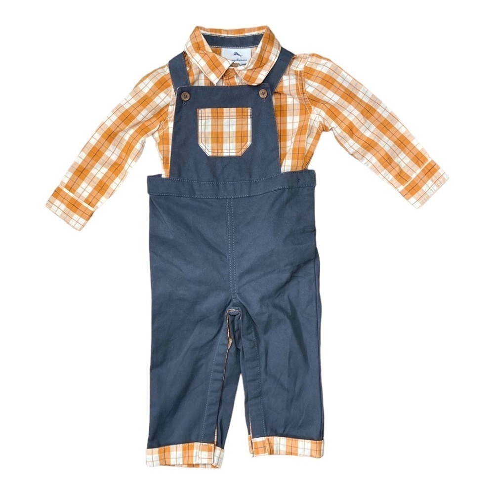 Tommy Bahama Baby Overalls and Orange Plaid Long Sleeve Shirt New Without Tags